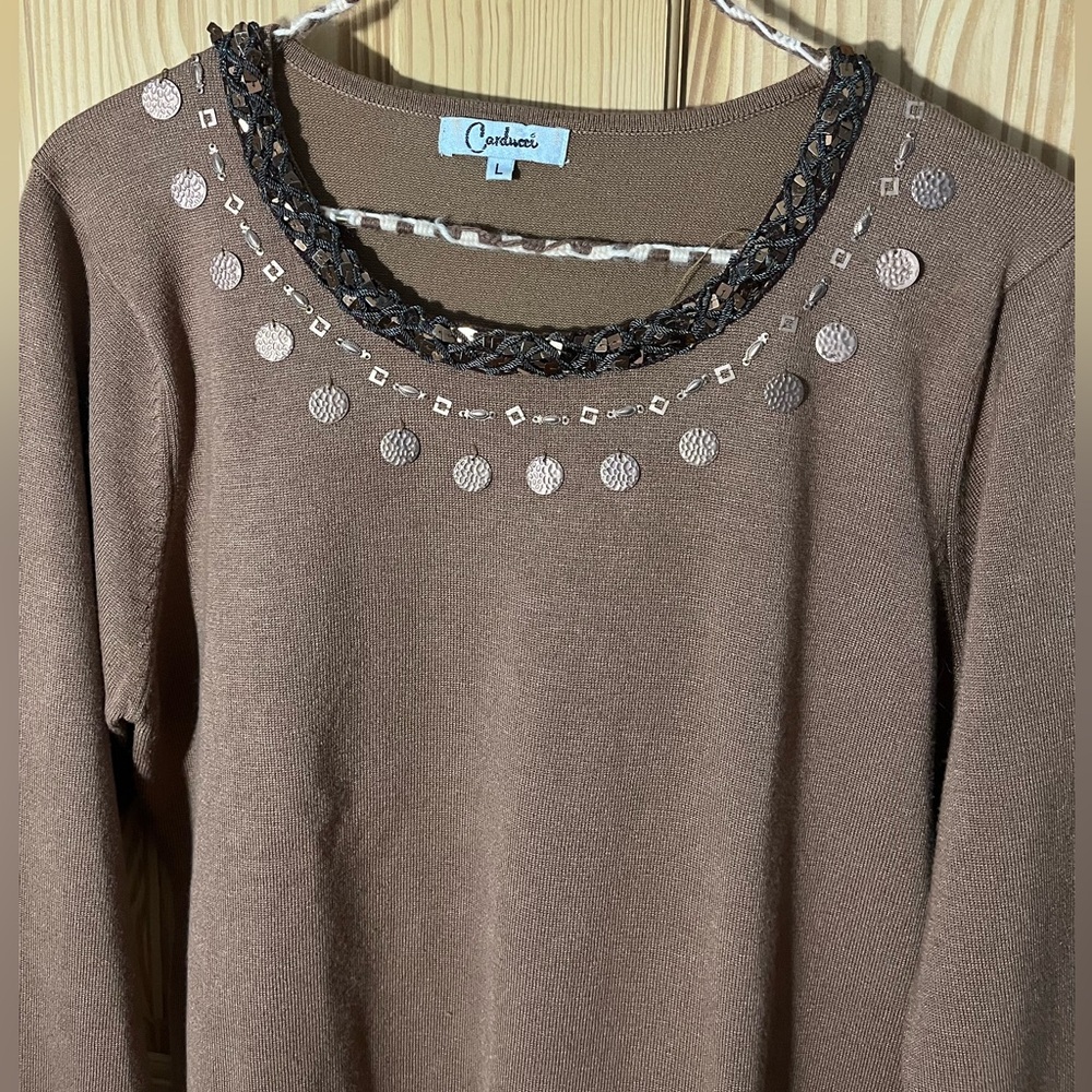 Chic Brown Long Sleeve Sweater with Embellished Neckline